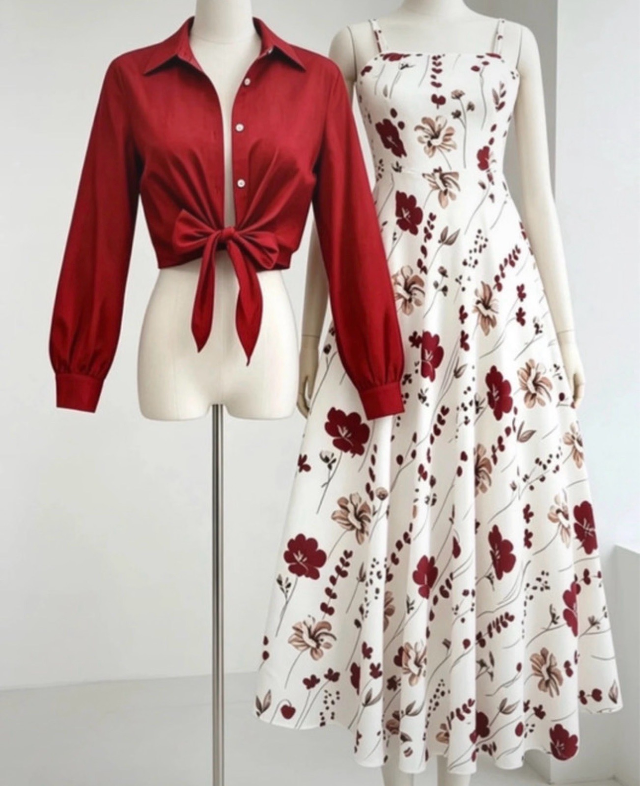 2-Piece Co-ord Set: Red Tie-Front Shirt + Floral Maxi Dress — Elegant Outfit, Brand New