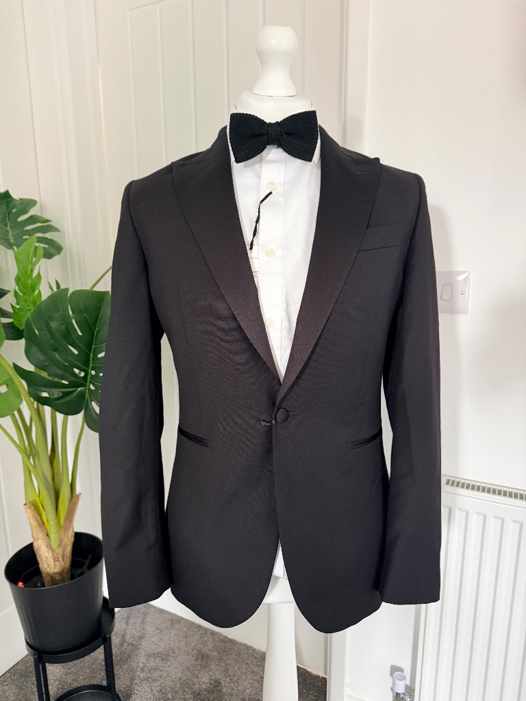 John Lewis Tailored Tuxedo Blazer Dinner Jacket Size 38R Black Wedding Party Formal Occasion
