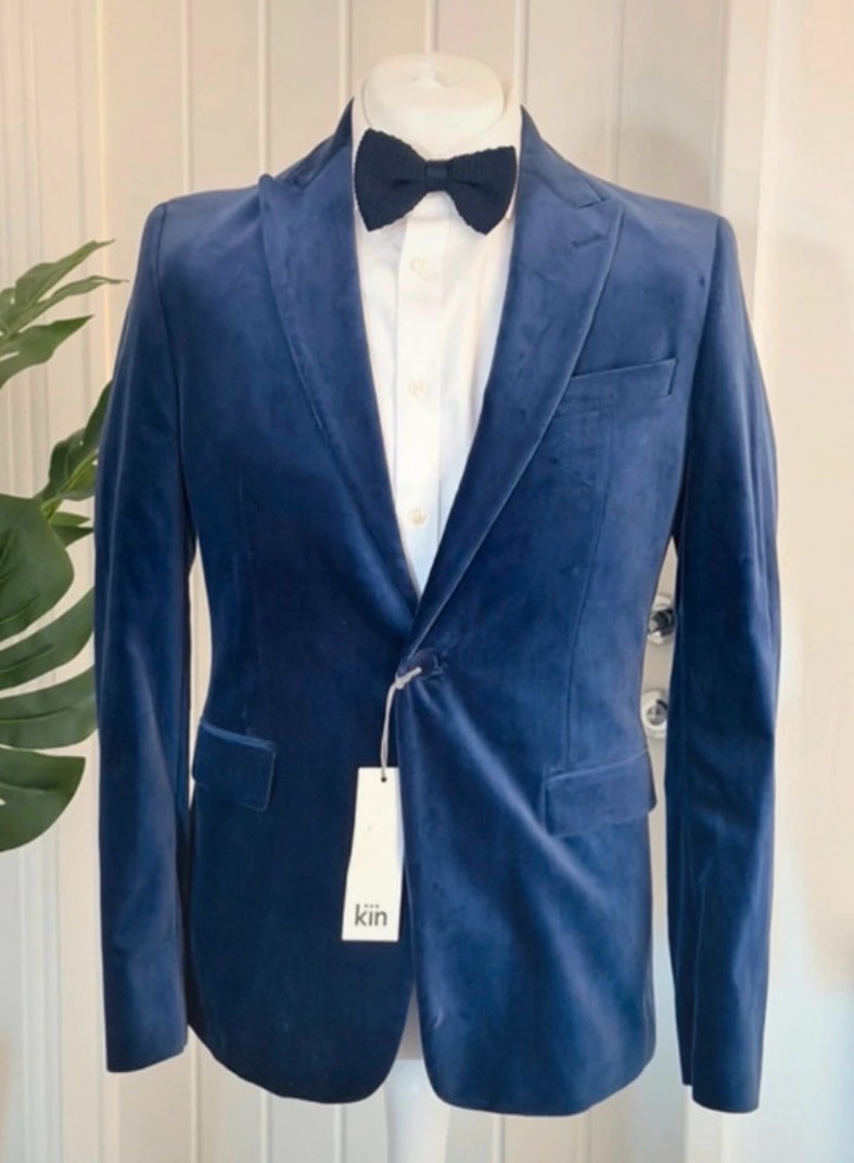 Kin John Lewis Navy Velvet Dinner Tuxedo Jacket Size 40R Slim Fit Wedding Guest Races Prom