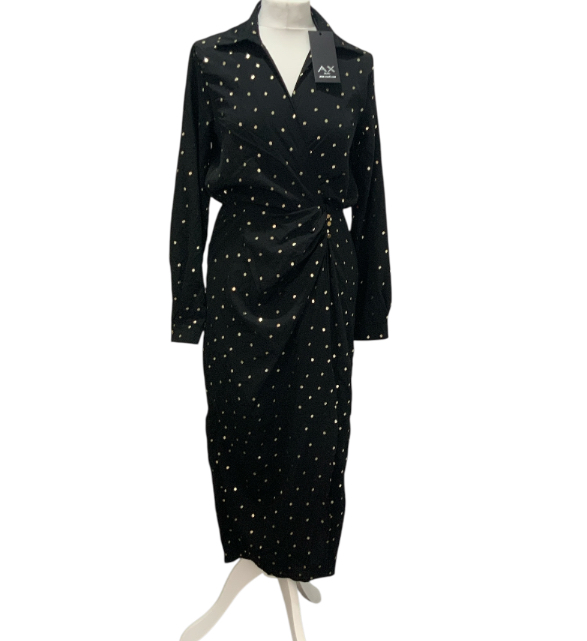 AX Paris Polka Dot Gathered summer Midi Dress Size 8 Black Gold Party RRP£50