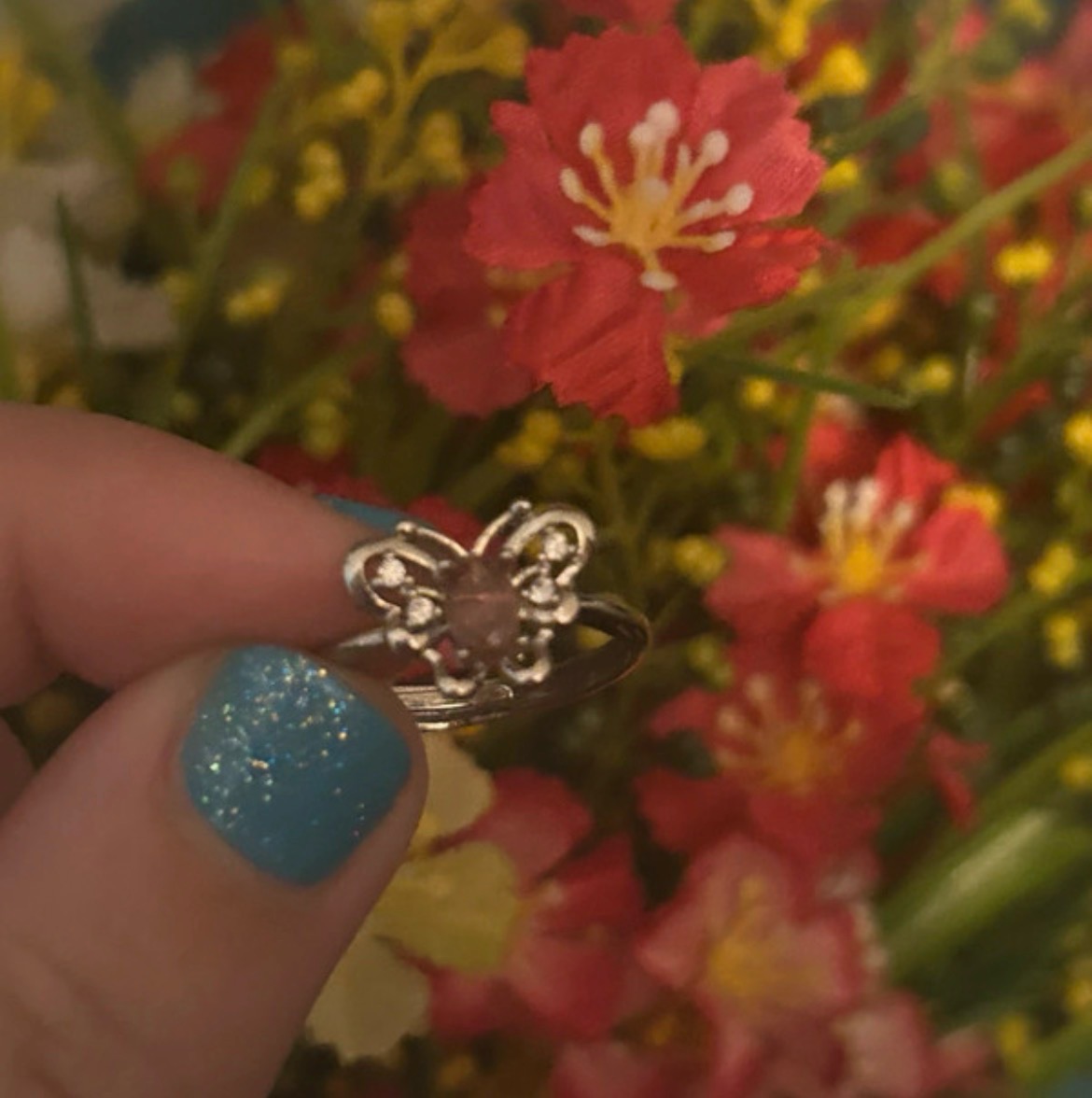 Beautiful Pink gemstone butterfly adjustable ring