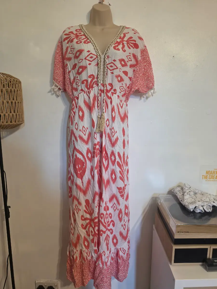 Boho maxi collar pink tassle dress size 8-10