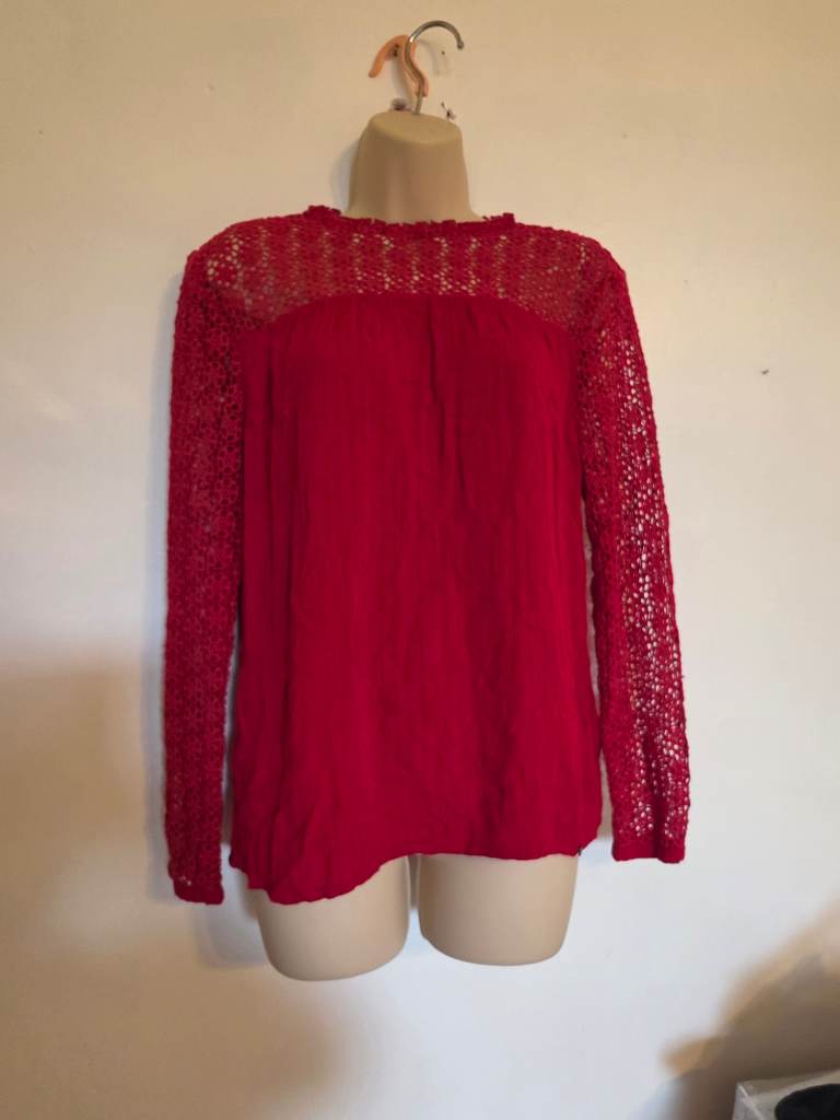 Red superdry crochet sleeve blouse size 8