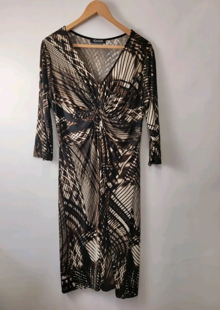 Alexara Bodycon/Stretch Midi Dress, Ladies 16, Graphic Brown Mix, Waterfall, Vgc