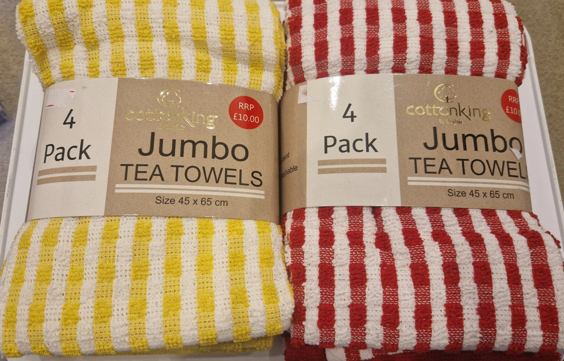 2 Packs of 4 Jumbo Tea Towels 45 x 65 cm Yellow & Red