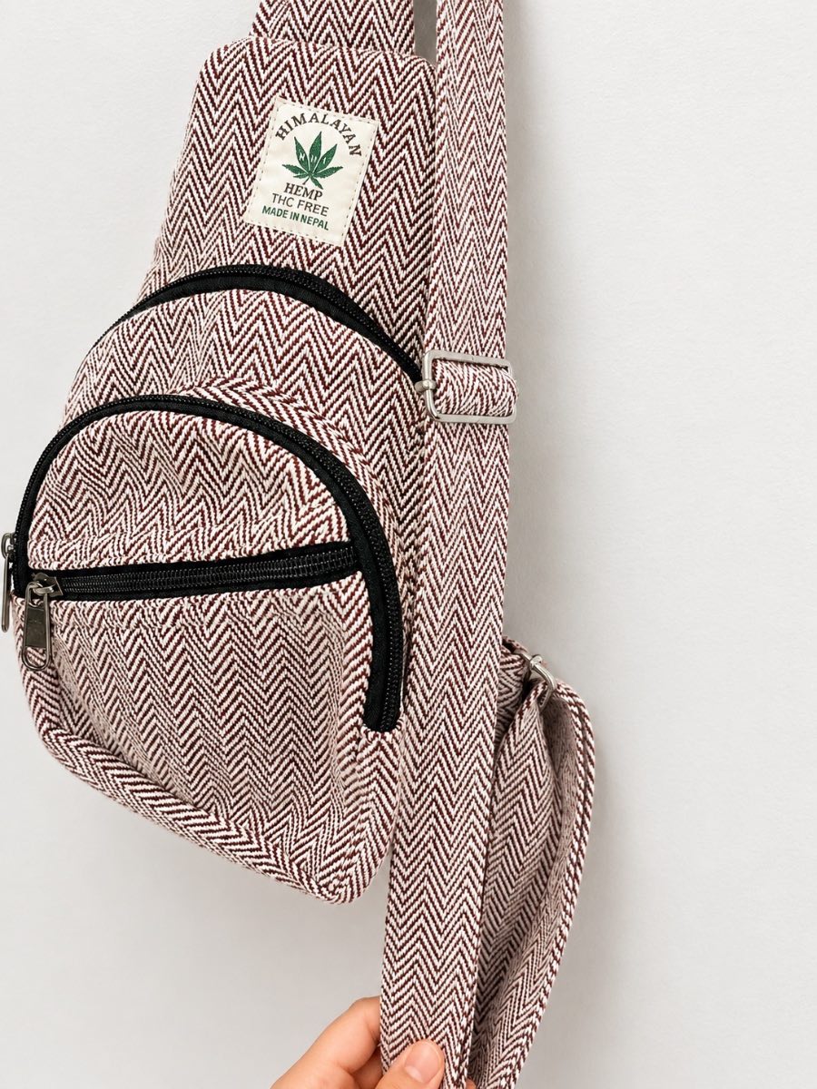 Handmade Himalayan Hemp One-Shoulder Backpack | Adjustable Crossbody Backpack | Brown Herringbone