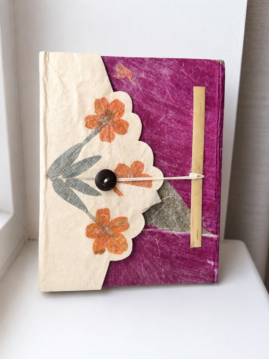 Handmade Eco-Friendly Lokta Paper Journal with Floral Design | Blank Notebook | Gift Idea