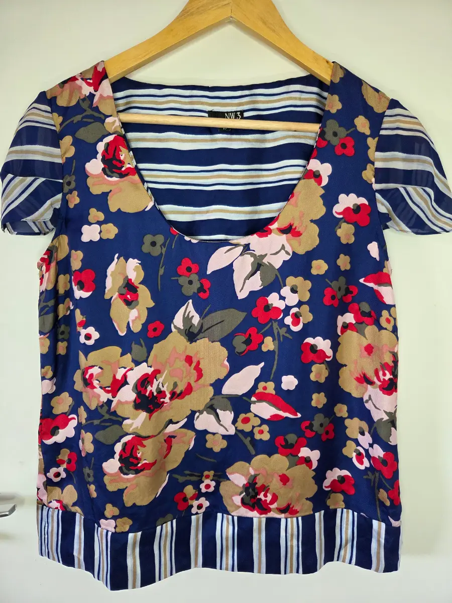 NW3 Hobbs 100% Silk Blouse Top Navy Blue Red Floral Striped Short Sleeve Smart Casual Shirt UK 10