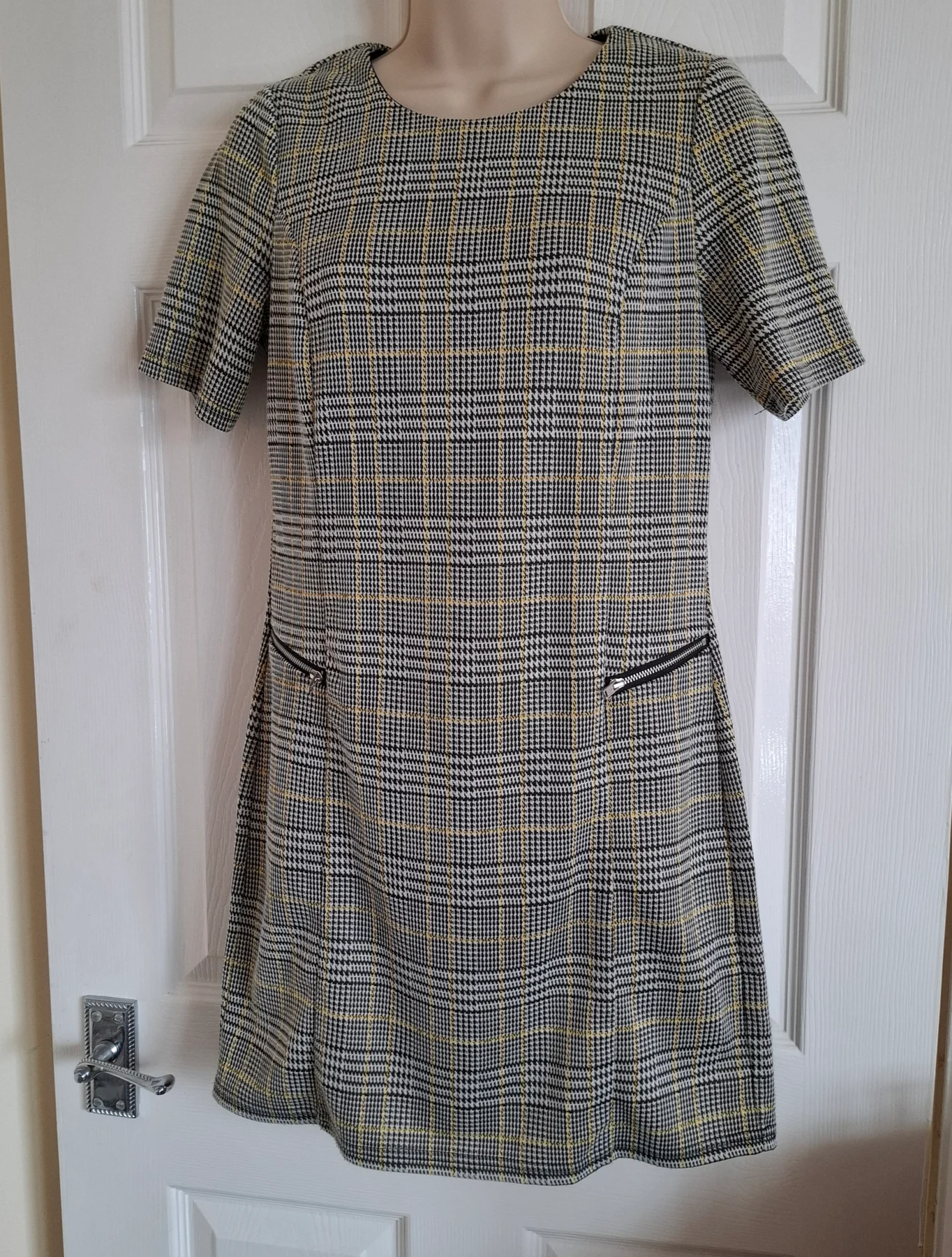 Dorothy Perkins Grey and Yellow Check Shift Mini Dress UK 8