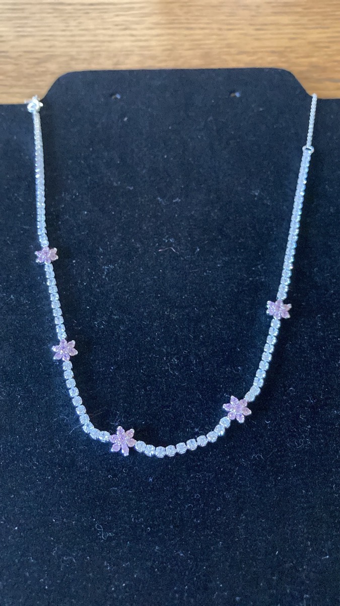 S925 rhinestone & pink flower necklace