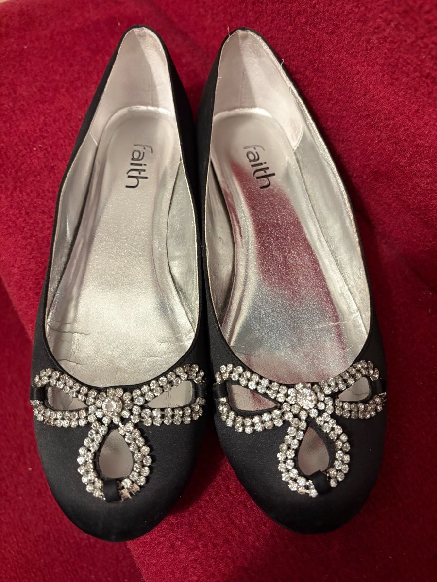 Faith barely worn size 6 black satin ballerina pumps with diamanté rhinestones