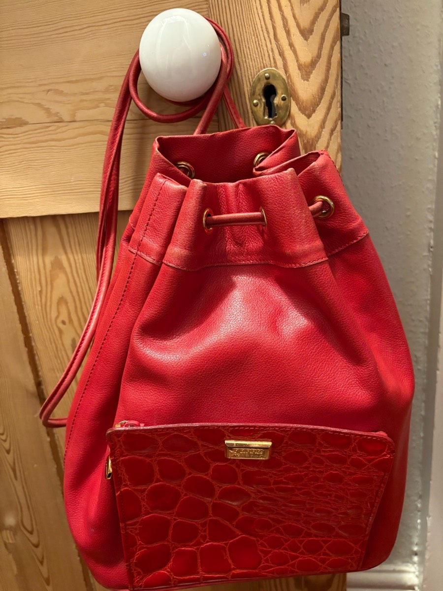 Vintage Gianfranco Ferre pillar box red leather and patent leather mock croc handbag / rucksack