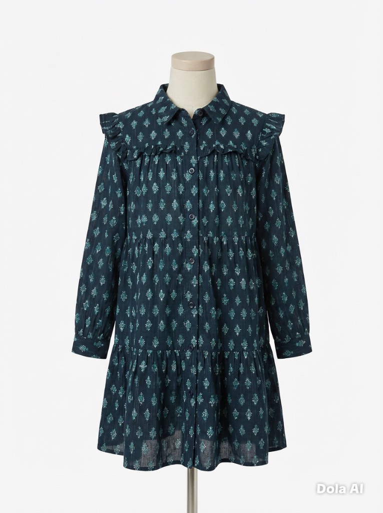 John Lewis Navy Print Tiered Shirt Dress – Age 9 Years – Worn Once / Like New