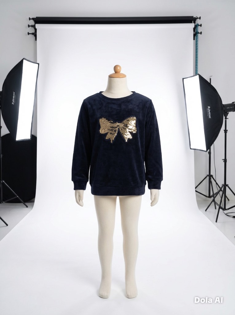 Little Kids Navy Sequin Bow Fleece Sweatshirt – Age 4–5 Years – Perfect Used Condition