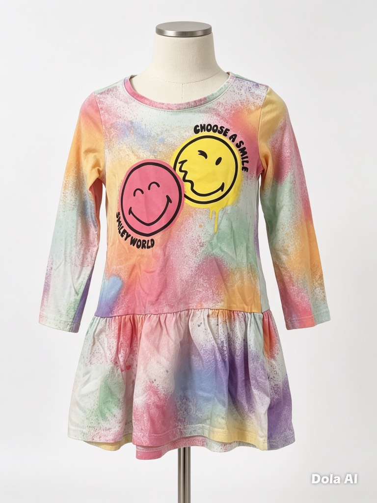 H&M Smiley World Tie‑Dye Long Sleeve Dress – Size 2–4 Years – Excellent Used Condition