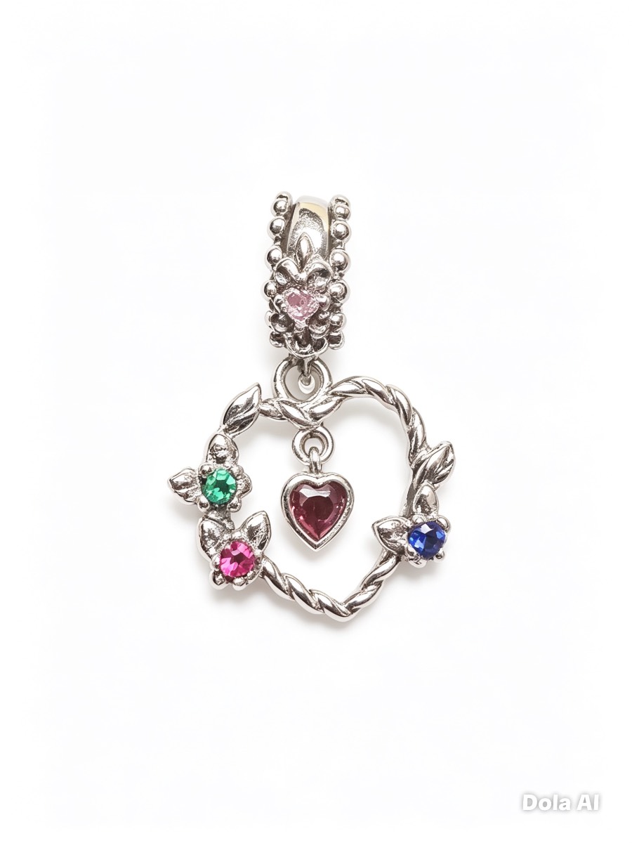 925 Sterling Silver Floral Wreath Heart Charm | Unused + Free Gift Box