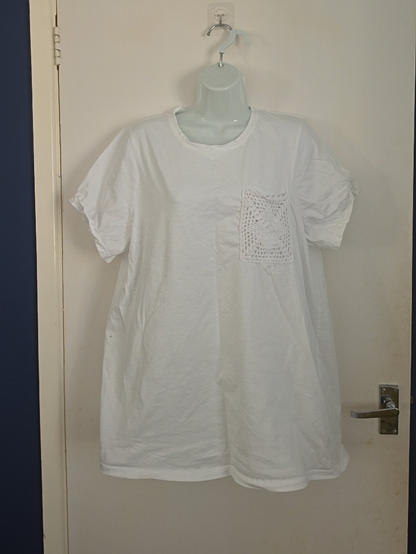 Yours White Cotton T-Shirt with Crochet Pocket — Size UK 18