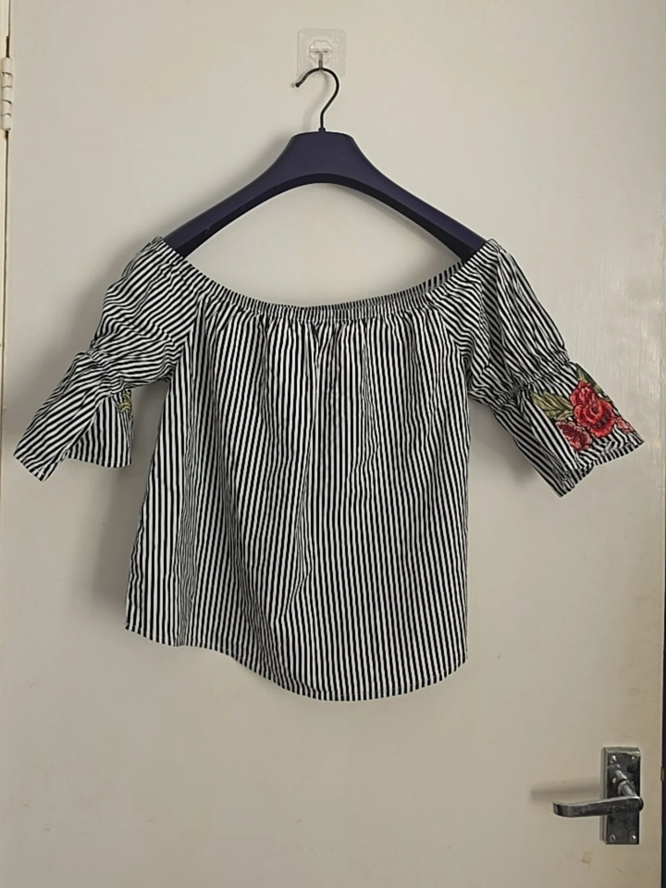Streetwear Society Striped Embroidered Off-Shoulder Top – Size M