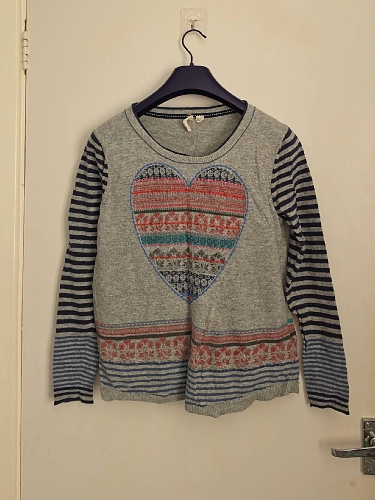 White Stuff Embroidered Heart Stripe Sleeve Jumper — Size UK 12