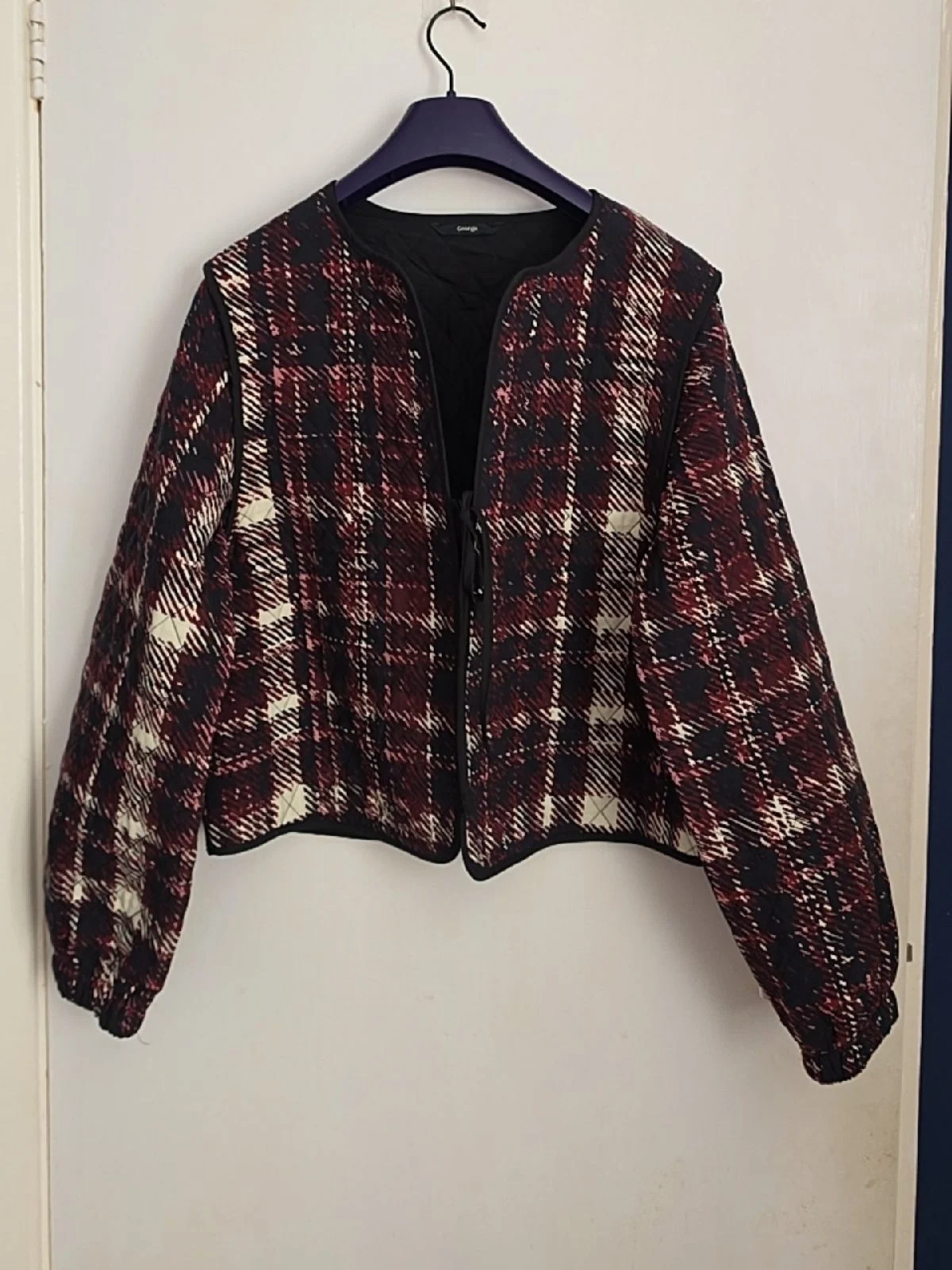 George Burgundy Tartan Quilted Tie-Front Jacket — Size UK 16