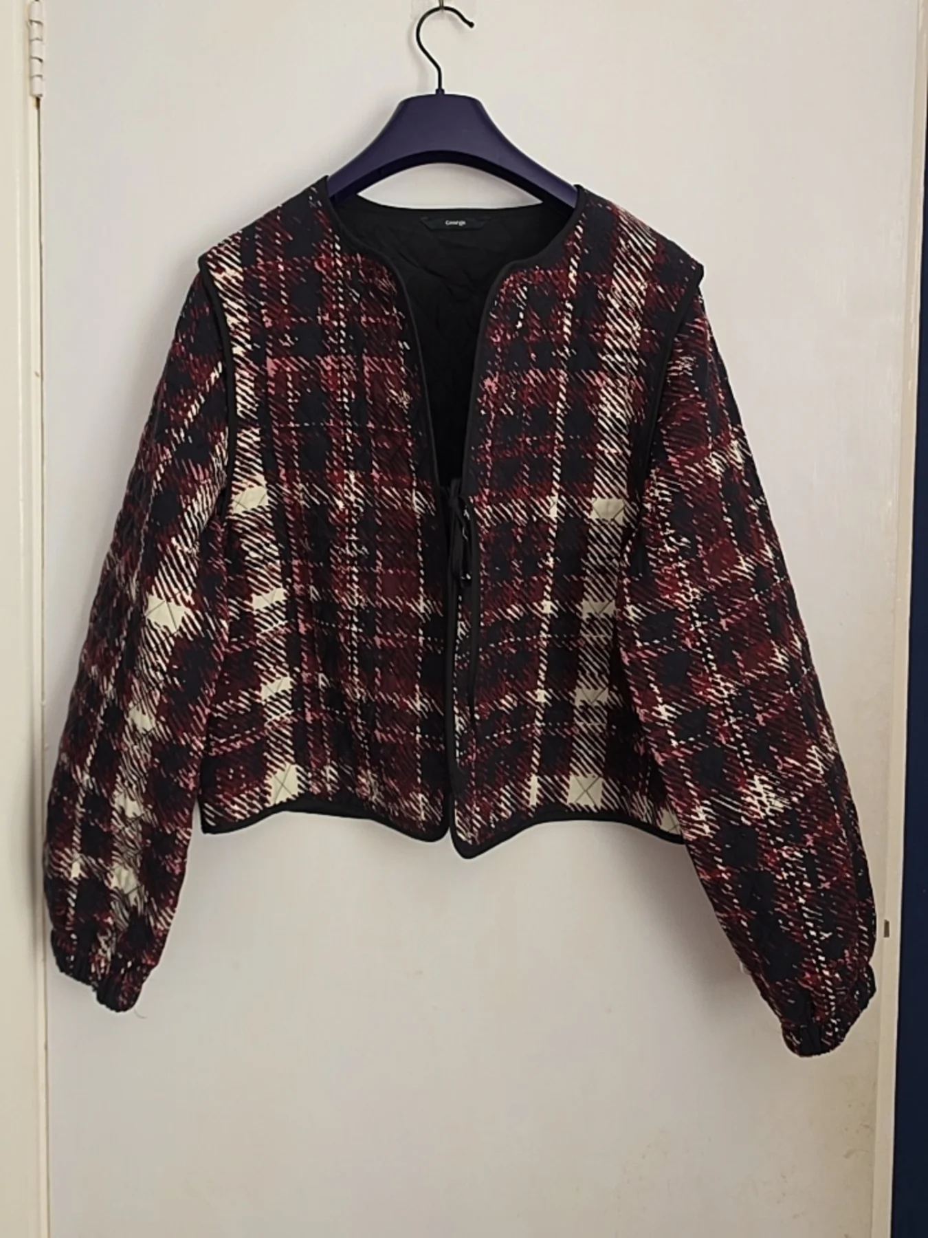 George Burgundy Tartan Quilted Tie-Front Jacket