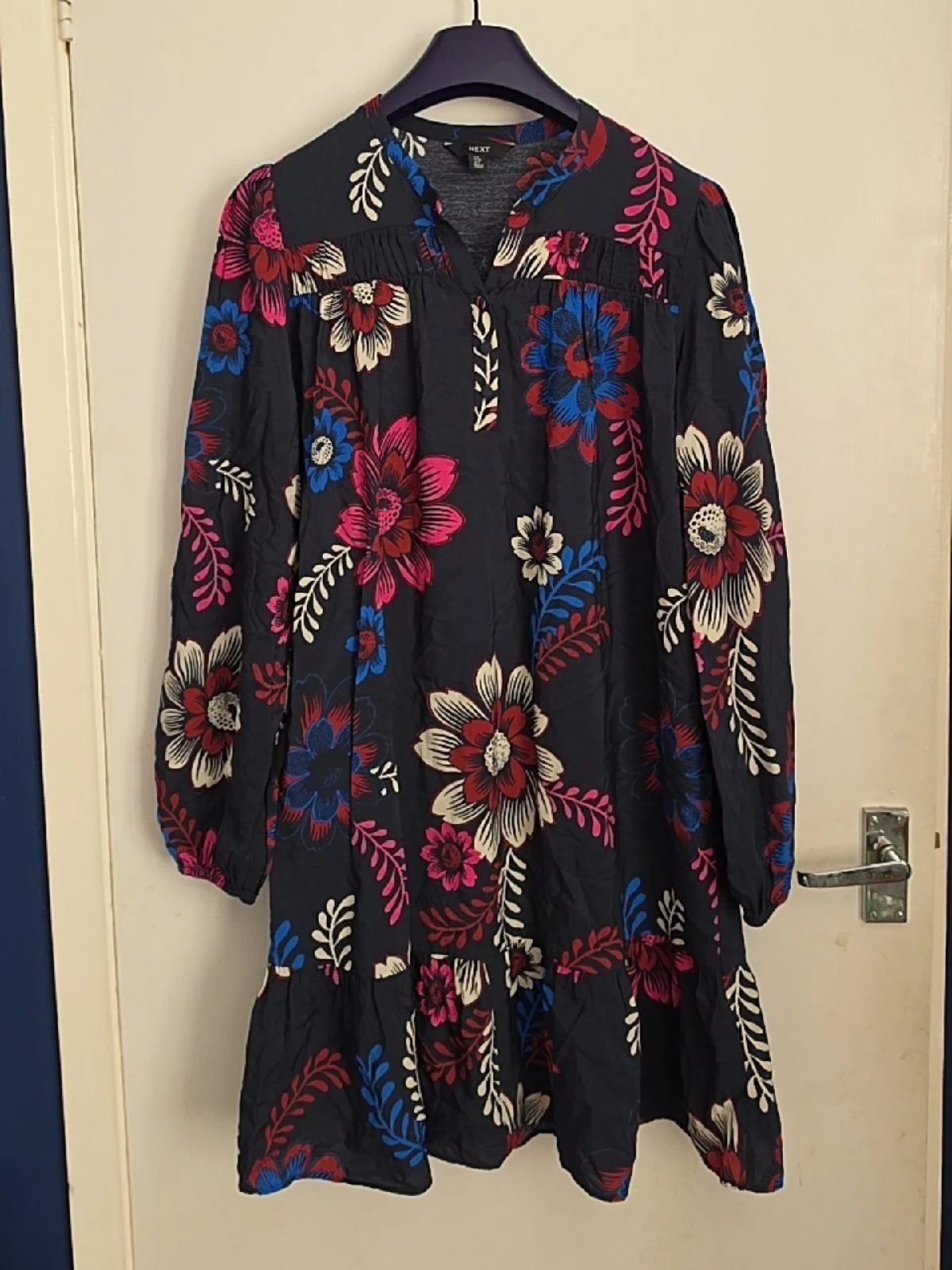 NEXT Navy Bold Floral Tiered Tunic Dress — Size UK 8