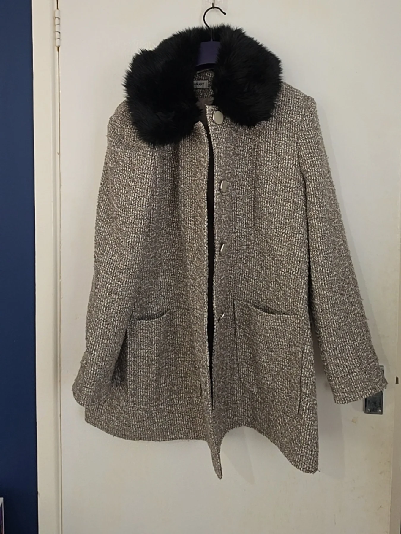 Damart Grey Tweed Coat with Faux Fur Collar — Size UK 20
