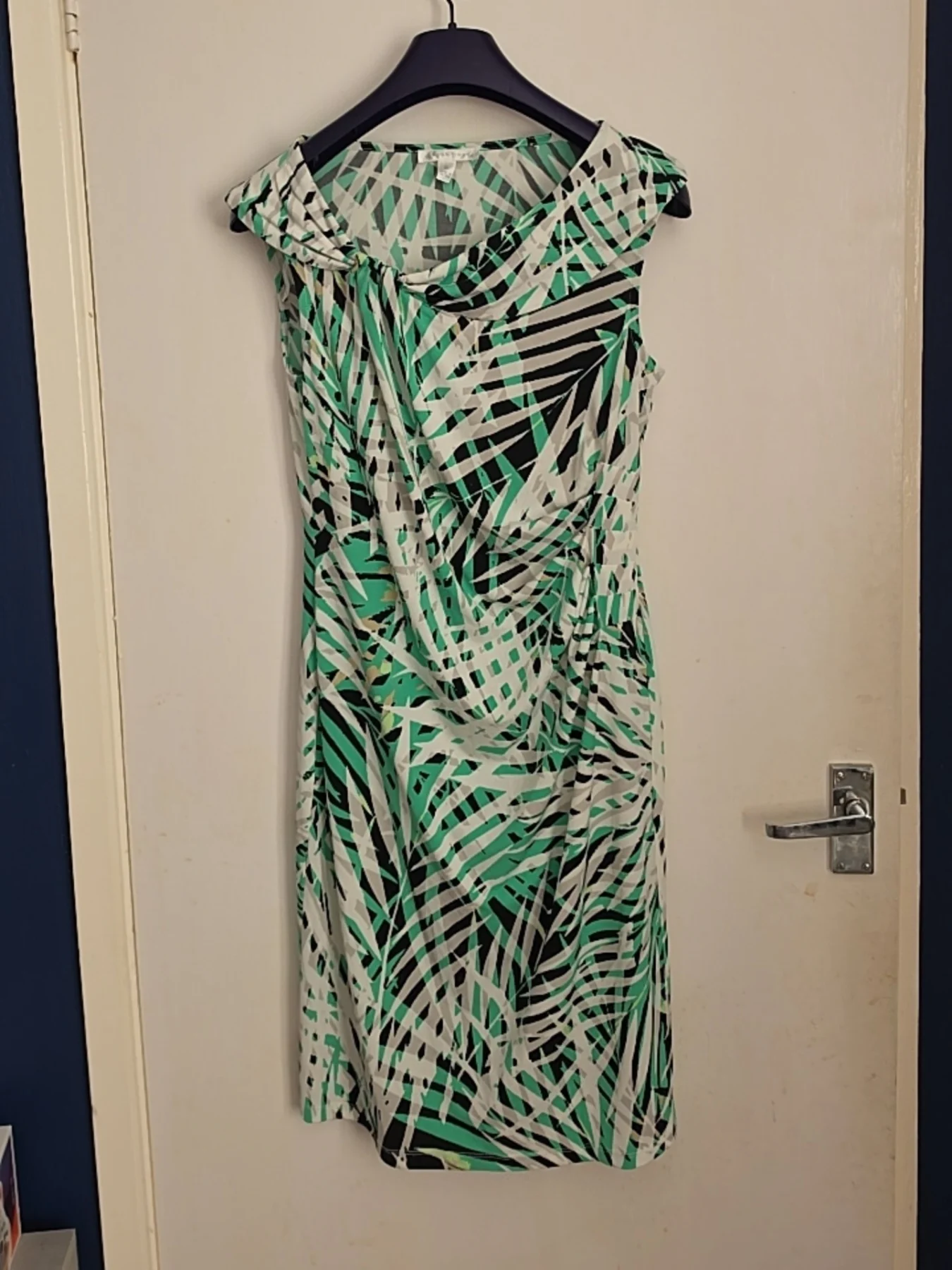 London Times Green Palm Print Ruched Dress — Size UK 8
