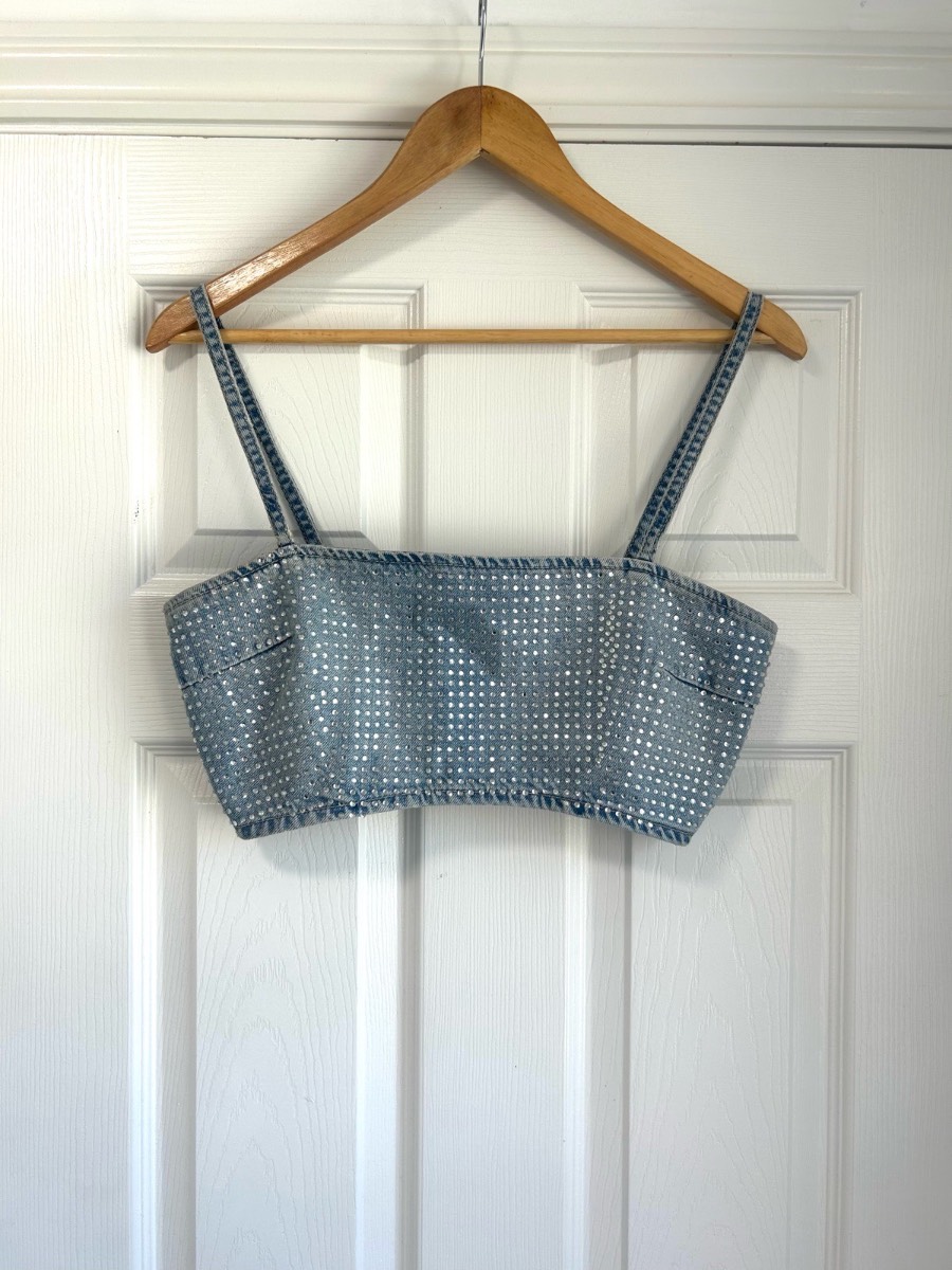 Zara Denim Rhinestone Studded Crop Top Y2K Style - Size Medium / 10 VGC