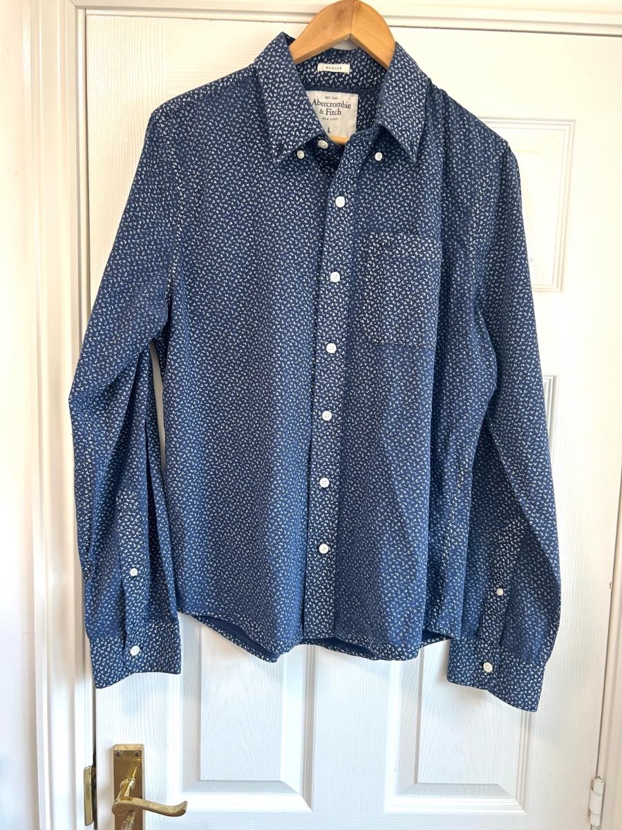 Abercrombie & Fitch Navy Micro-Print Muscle Fit Shirt | Men's Size L VGC