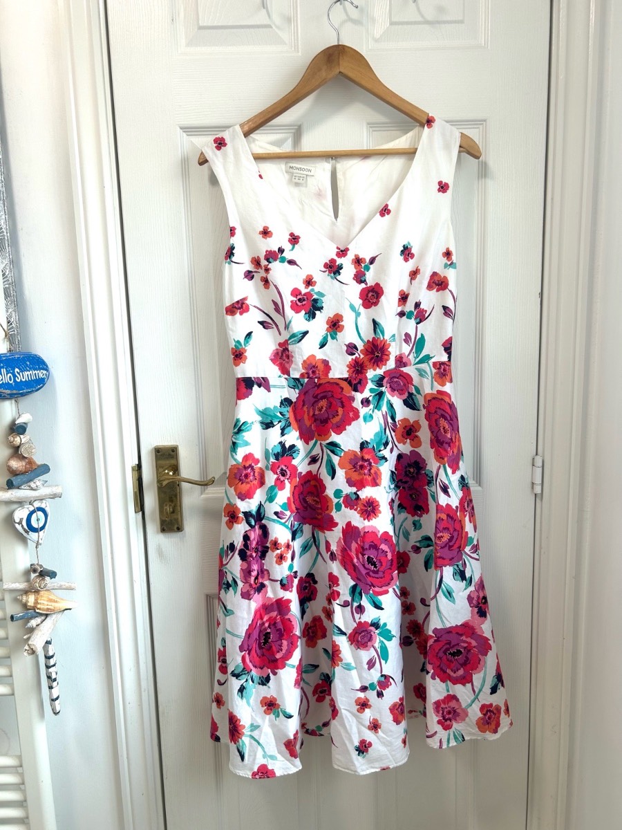 Monsoon White Floral Cotton A-Line Tea Dress - VGC (UK 10)