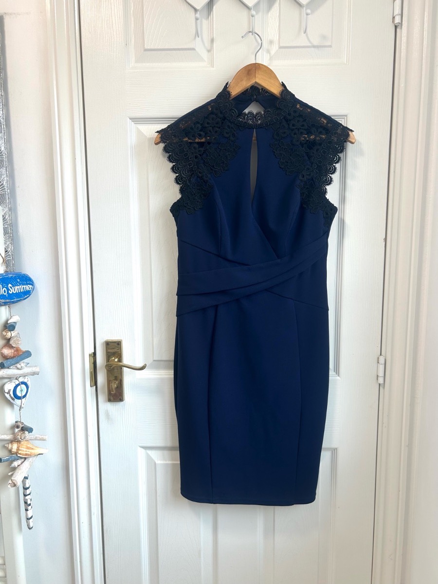 Lipsy London Love Michelle Keegan Navy Blue Lace High Neck Dress - Size 12