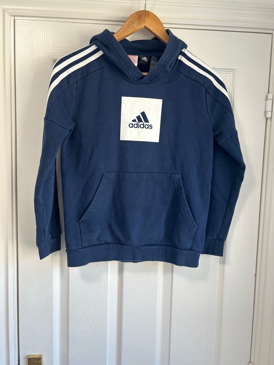 Adidas Junior Navy Blue 3-Stripe Box Logo Hoodie - Age 11-12 Years / 152cm