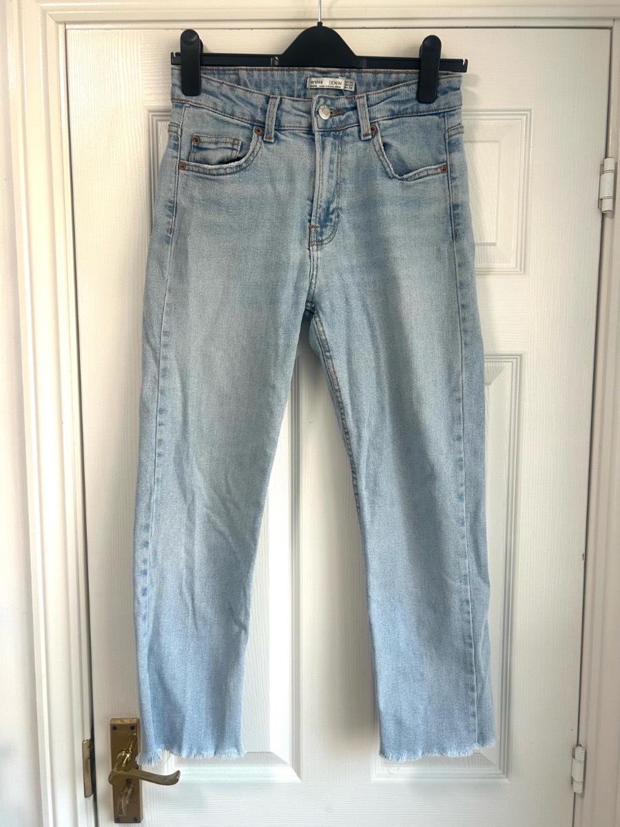 Bershka Light Wash Straight Leg Raw Hem Jeans - UK Size 8 (EUR 36)
