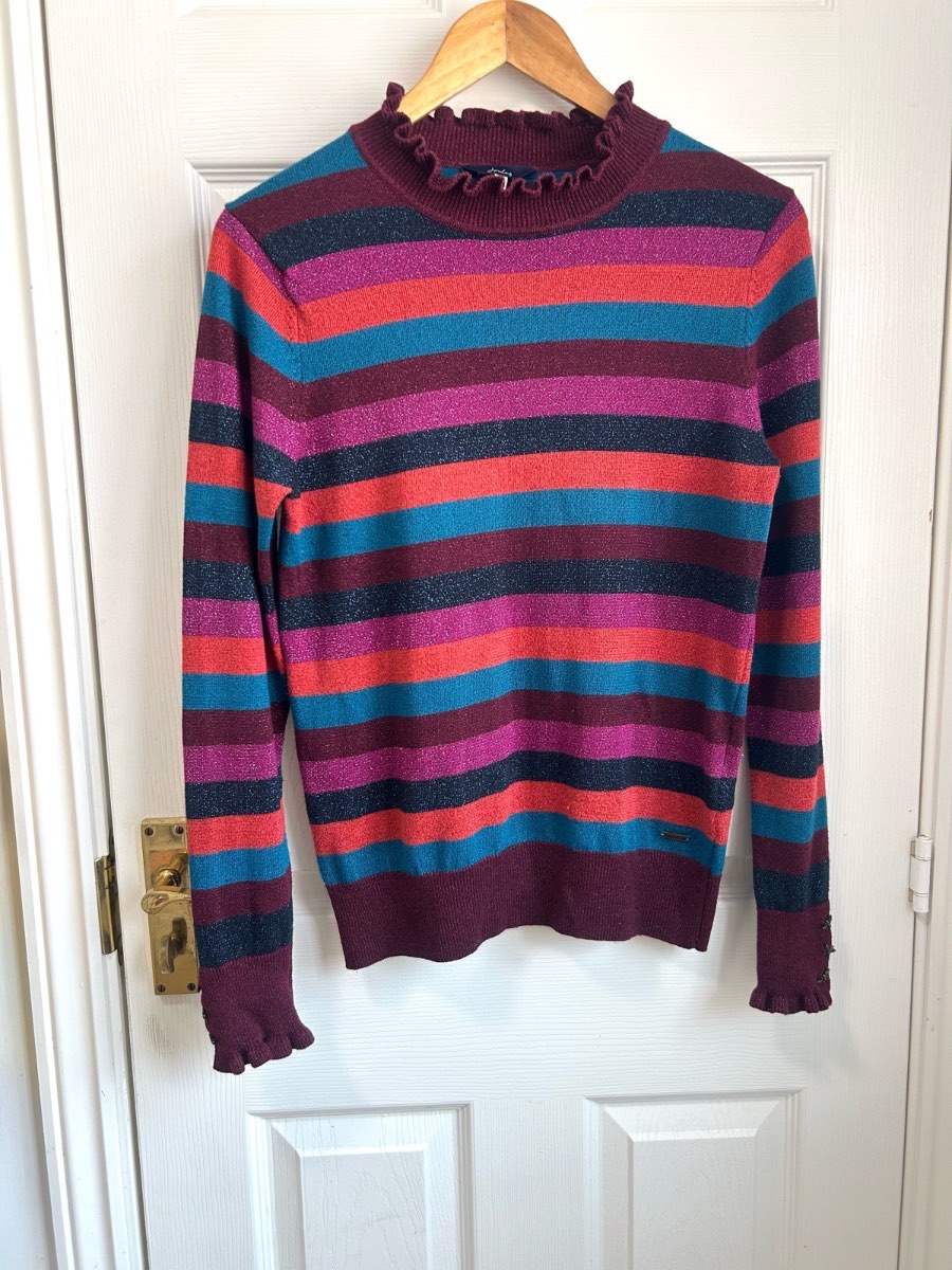 Joules Rainbow Metallic Striped Ruffle Neck Jumper - VGC (UK 10)