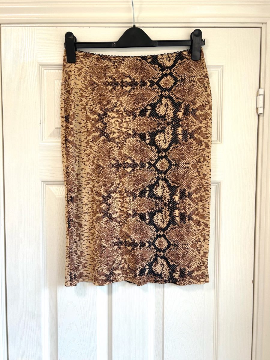 River Island Brown Snake Print Bodycon Midi Skirt | Size UK 12 VGC
