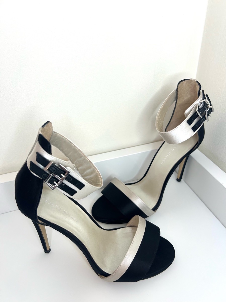 Karen Millen Monochrome Satin Double Buckle Stiletto Heels - Size 39 (UK 6)