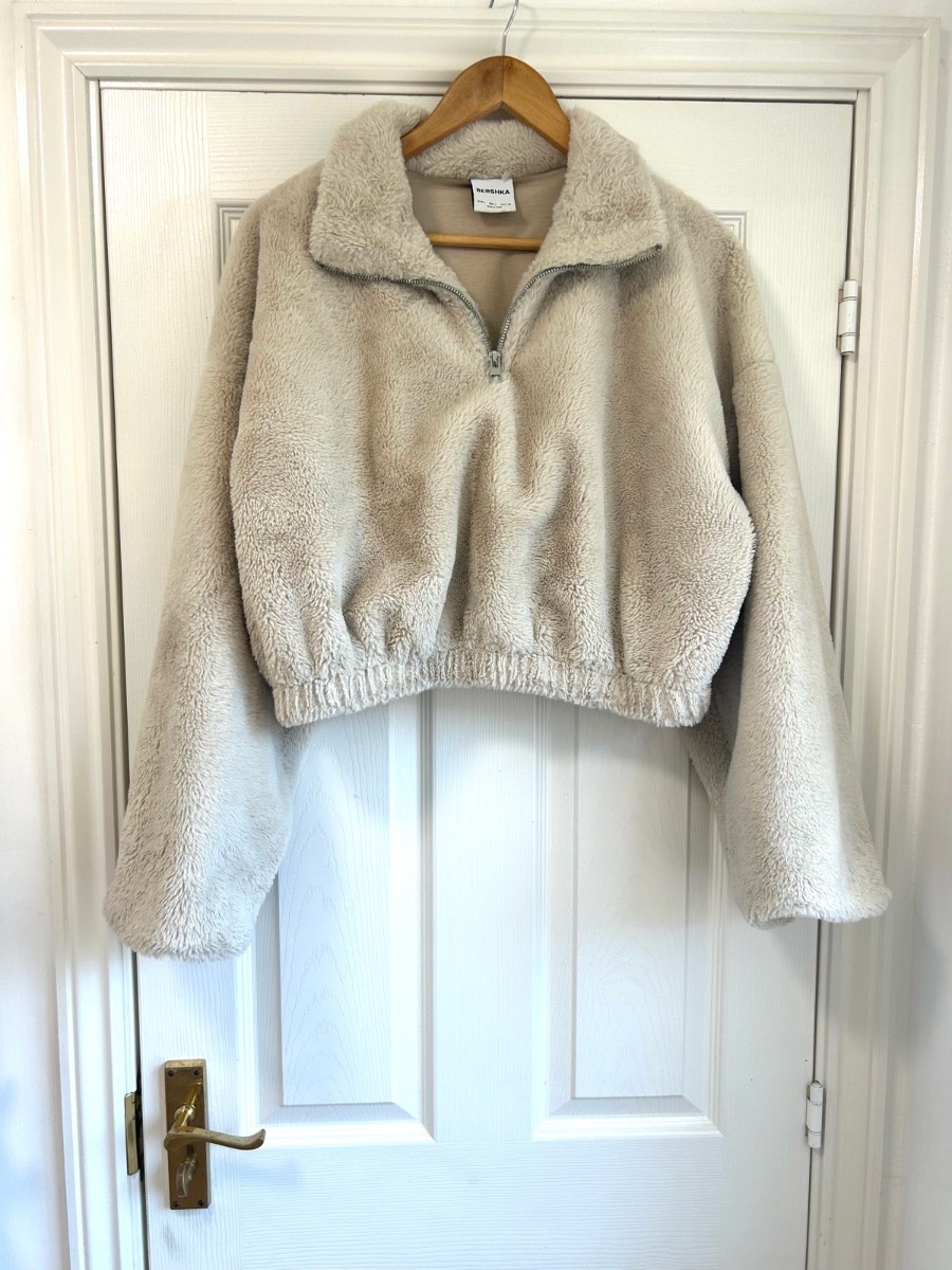 Bershka Cream Borg Teddy Fleece Cropped Quarter-Zip Jumper | Size L VGC