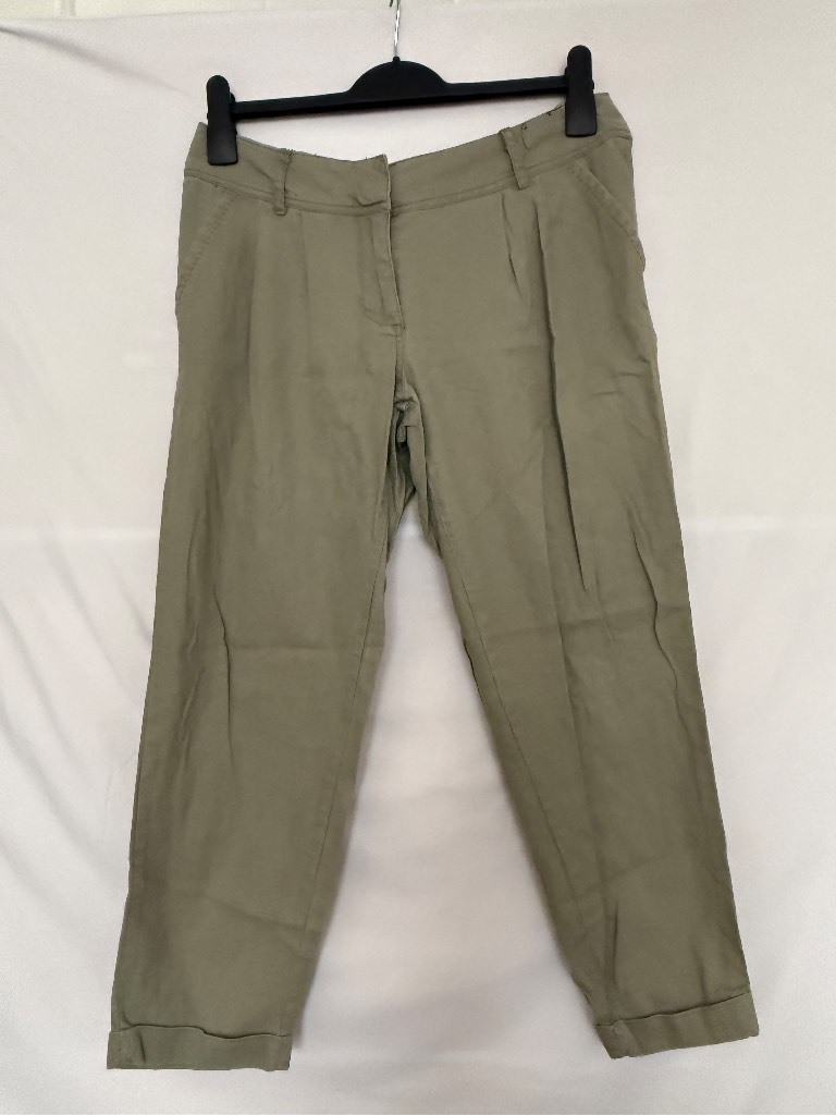 F&F Khaki Green Linen Blend Cropped Trousers Casual Summer Pants UK 10 RRP £22Dr