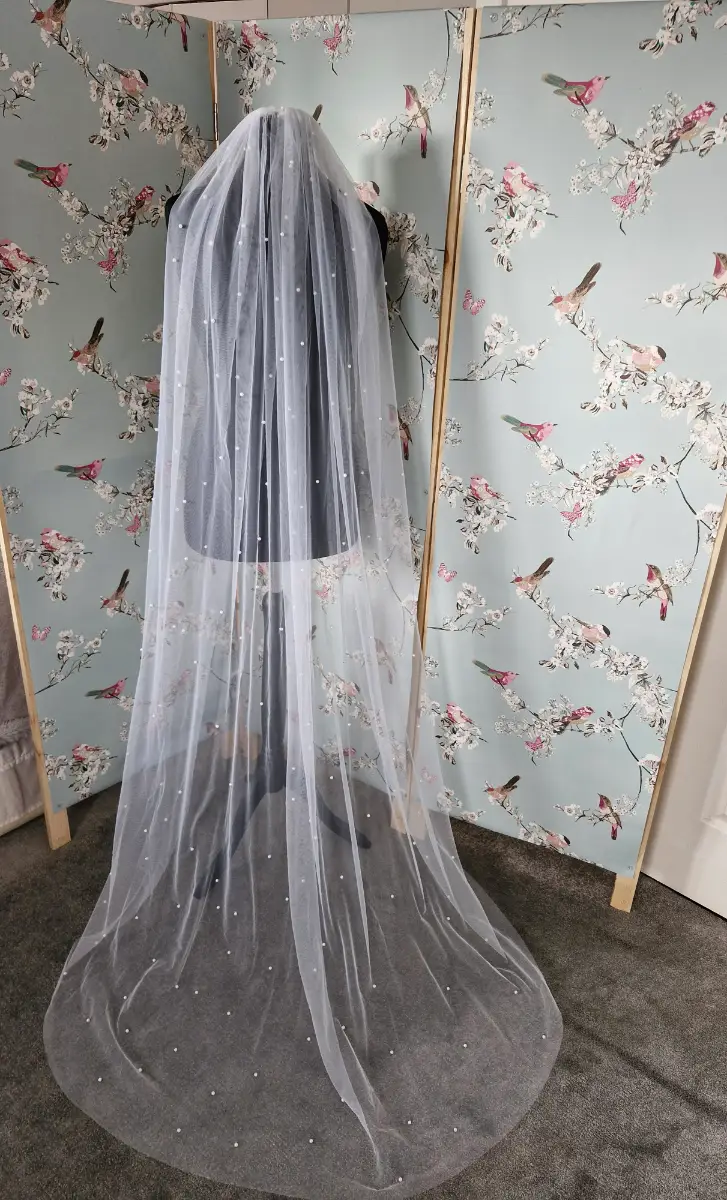 White Scattered Pearls Chapel Length Wedding Veil