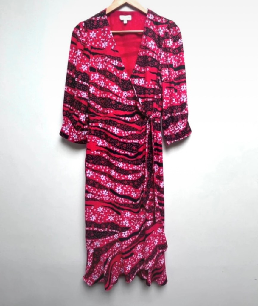 Love & Roses Wrap Dress UK 12. Red,Pink Ruffle Hem