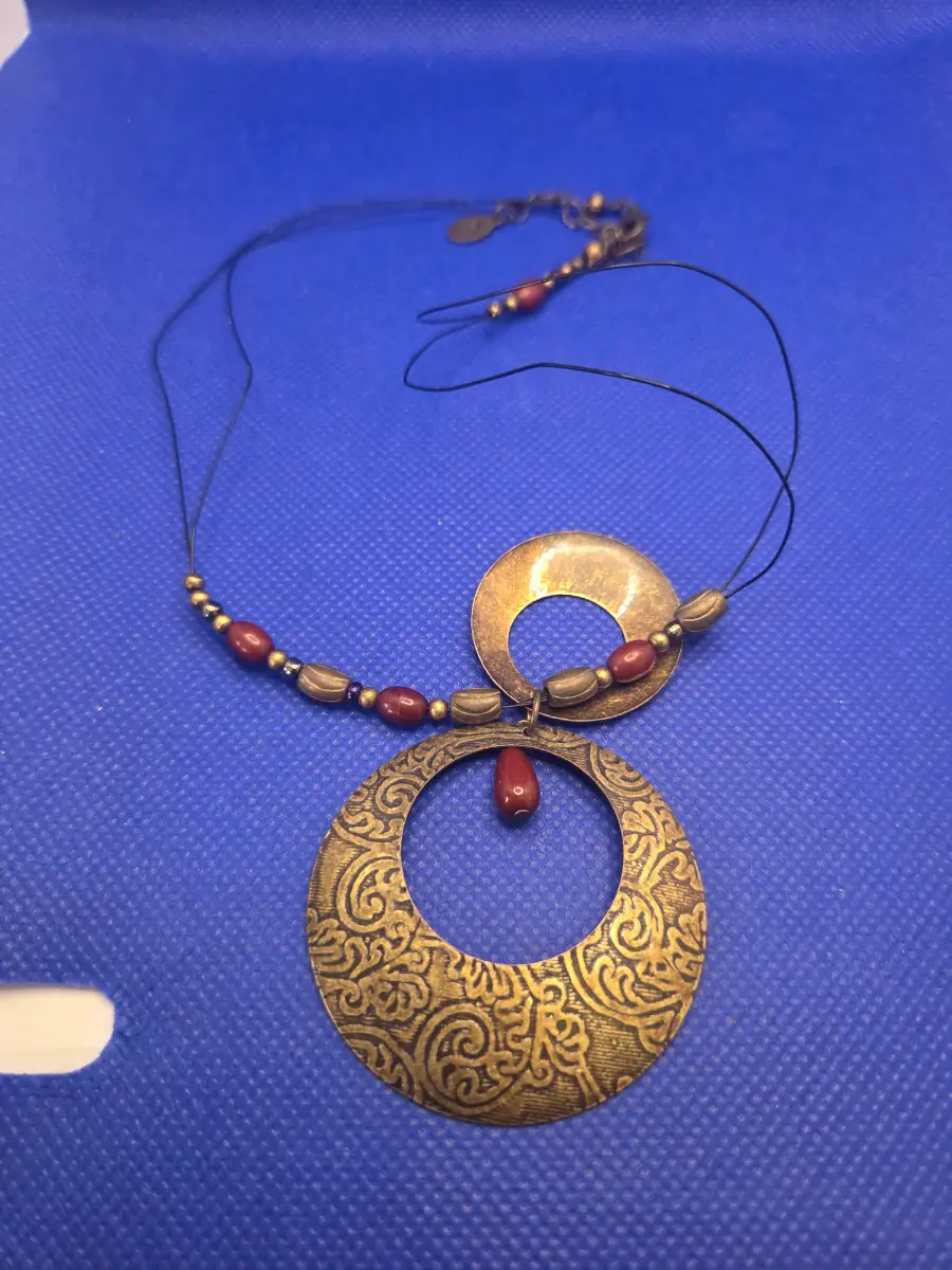 Etched Brass Double Hoop Pendant Necklace With Red Beads
