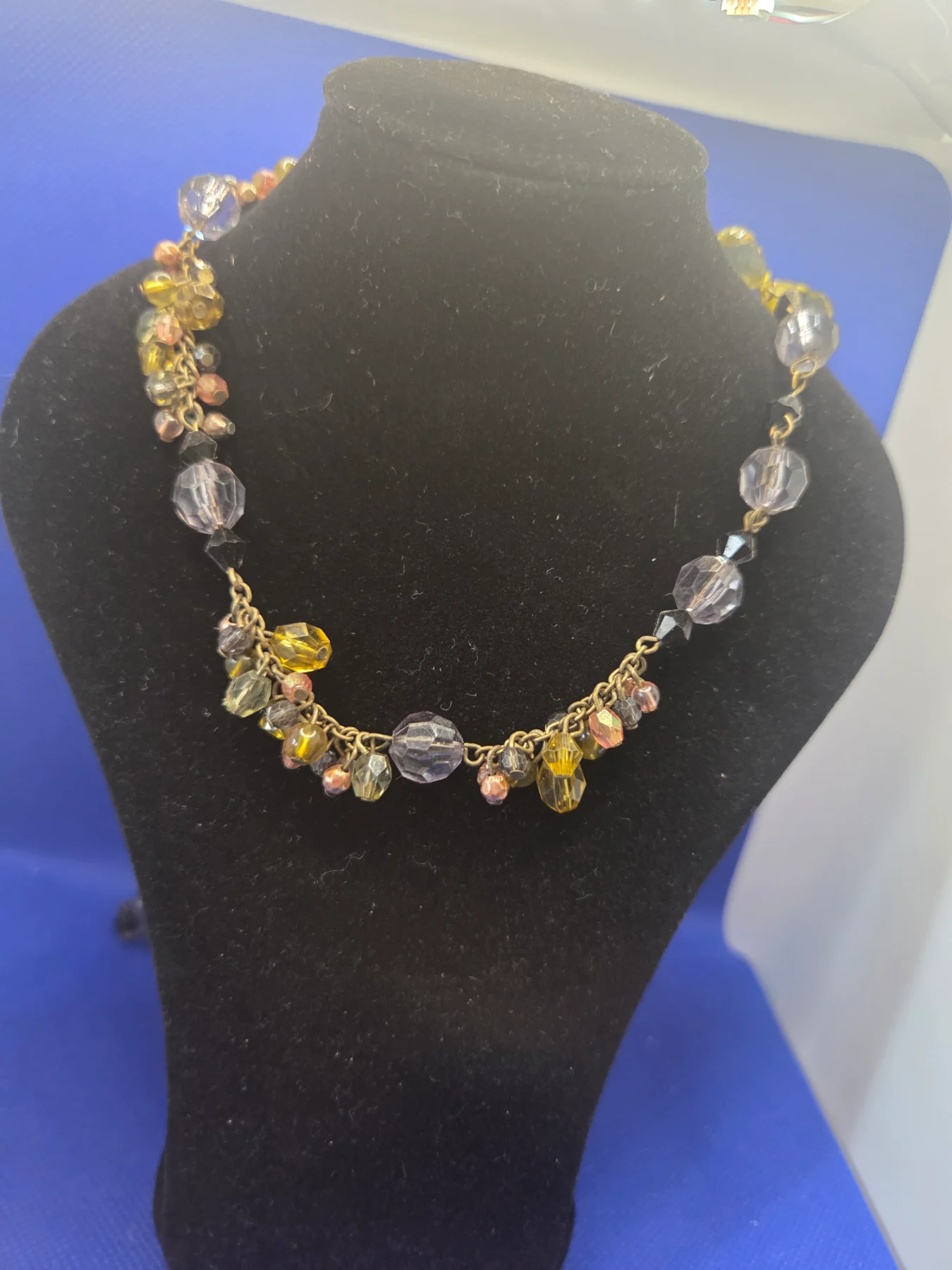 Antique Gold-Tone Mixed Faceted Crystal Bead Dangle Necklace