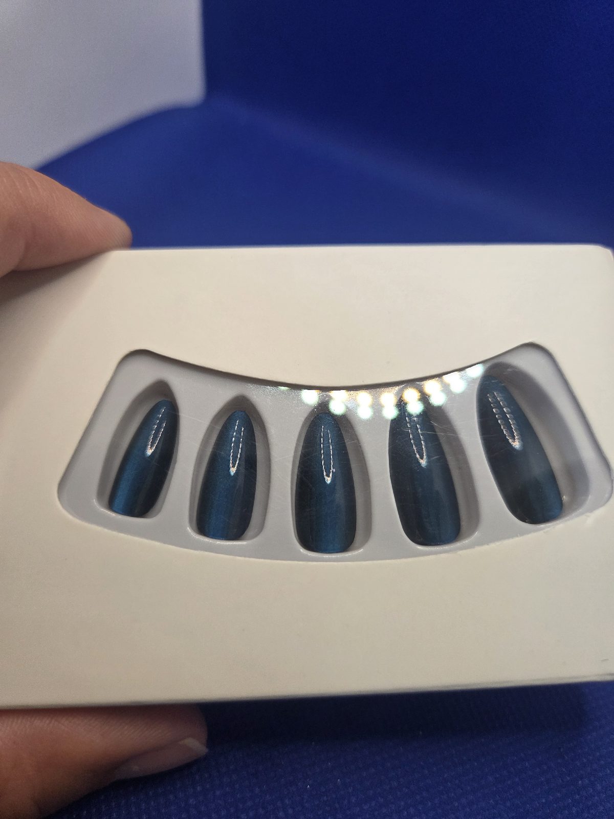Glossy Midnight Blue Cat Eye Almond Press On Nails