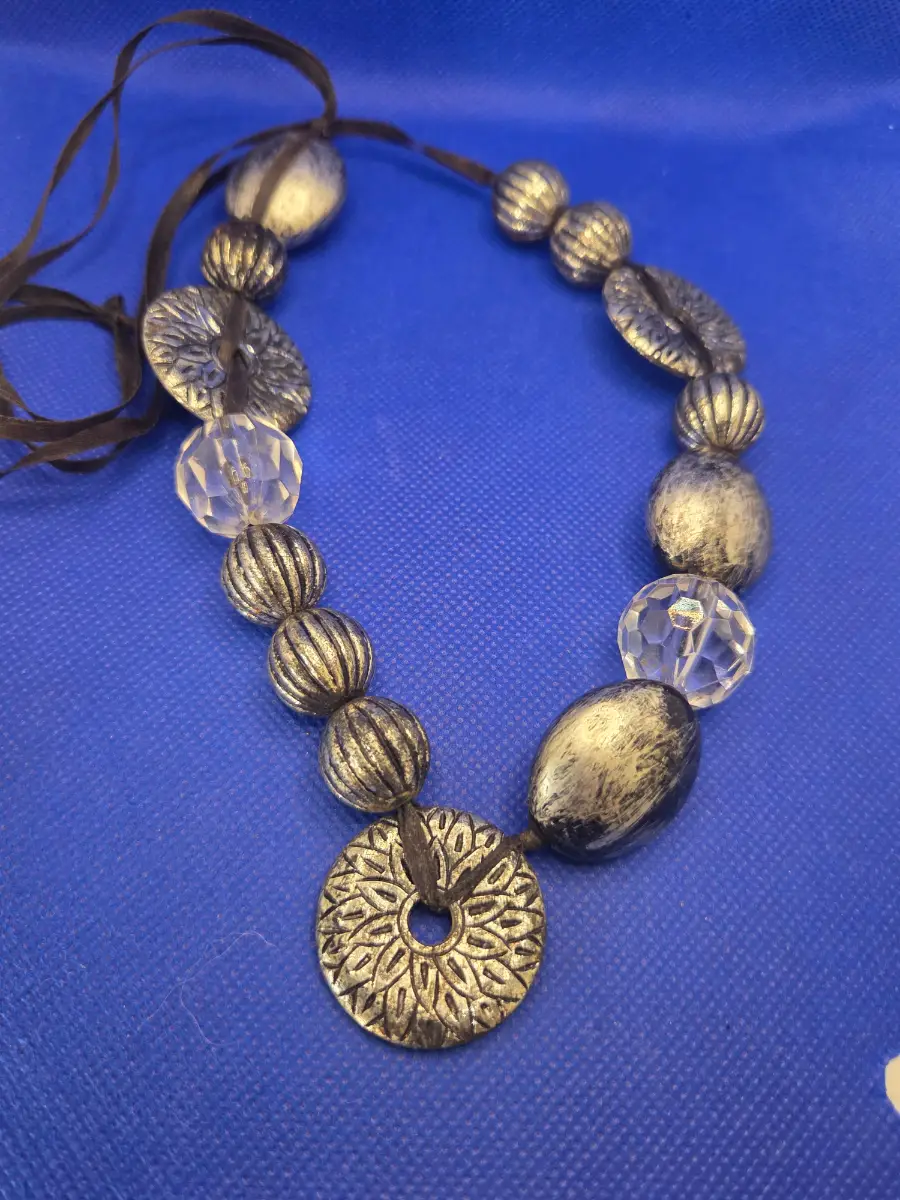 Silver Tone Beaded Cord Necklace Round Charm Pendant Clear Beads Costume Jewelry