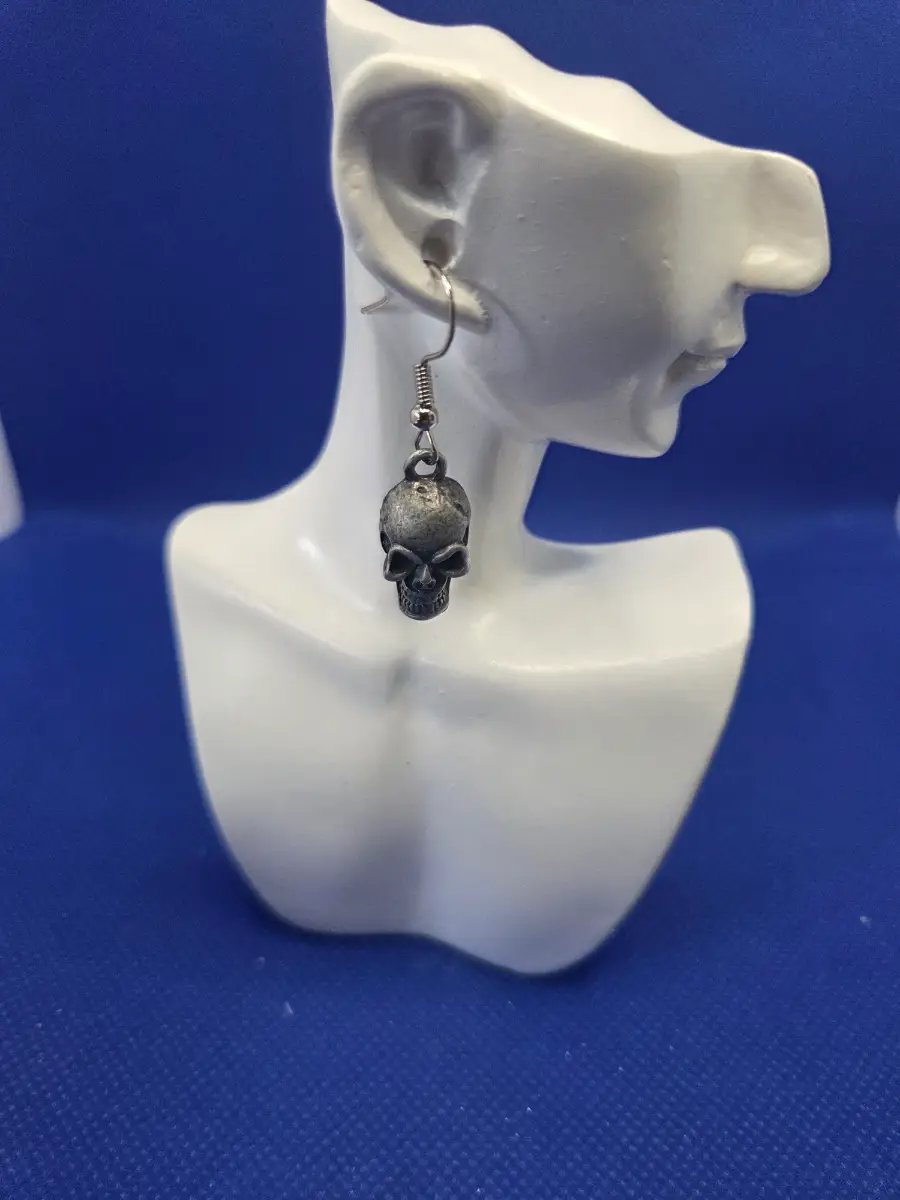 Dark Gothic Skull Earrings - Aged Metal Dangle Hooks