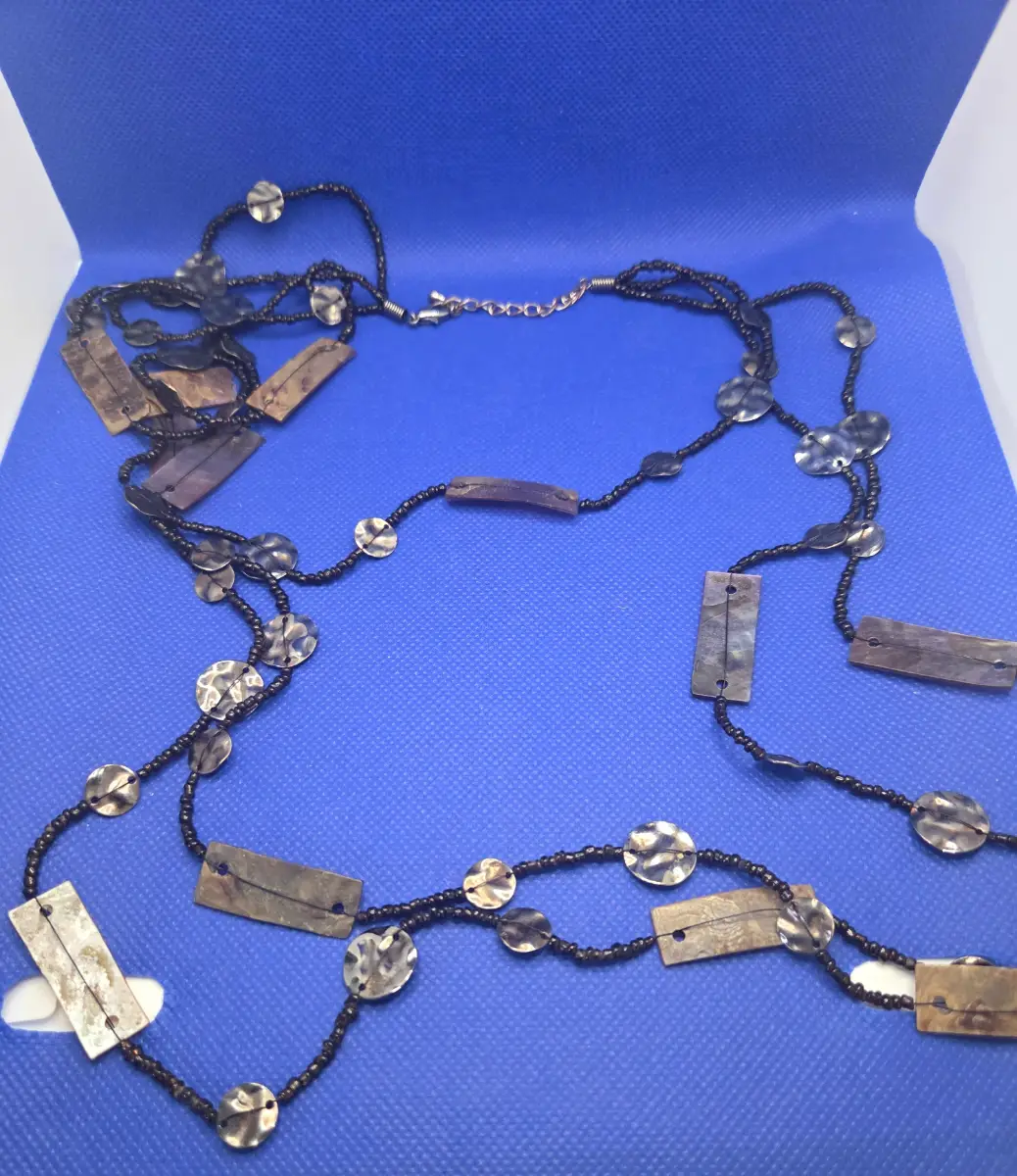 Long Layered Dark Shell And Bead Necklace