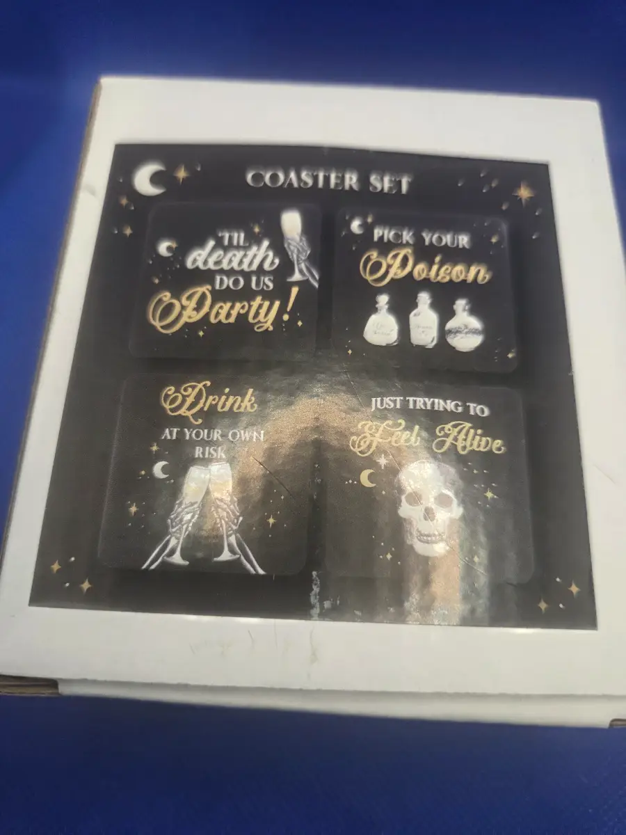 Gothic Moon & Skeleton Coaster Set - Pick Your Poison Dark Humour Quotes