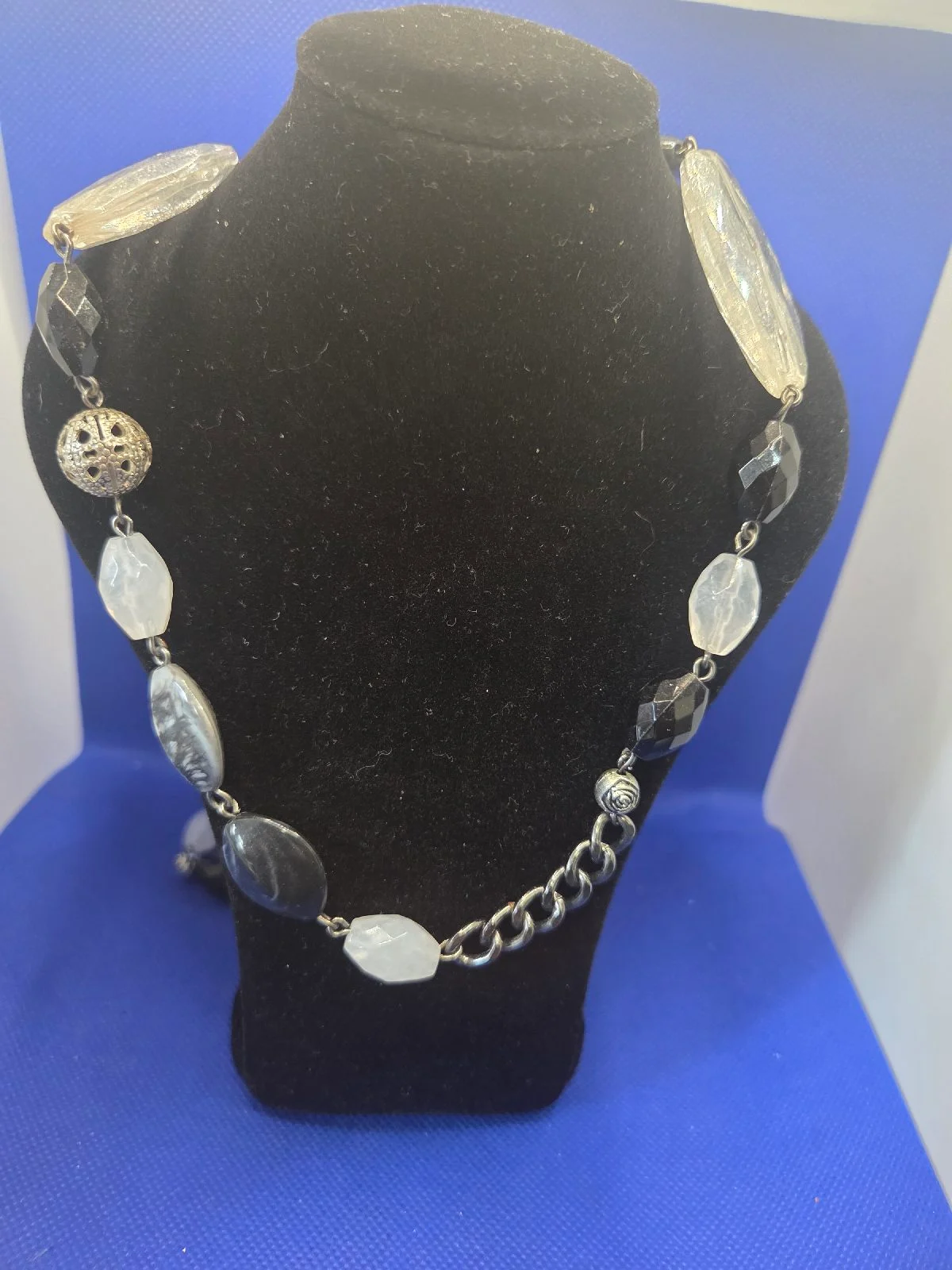 Silver-Toned Mixed Black And Clear Faceted Stone Chunky Statement Necklace