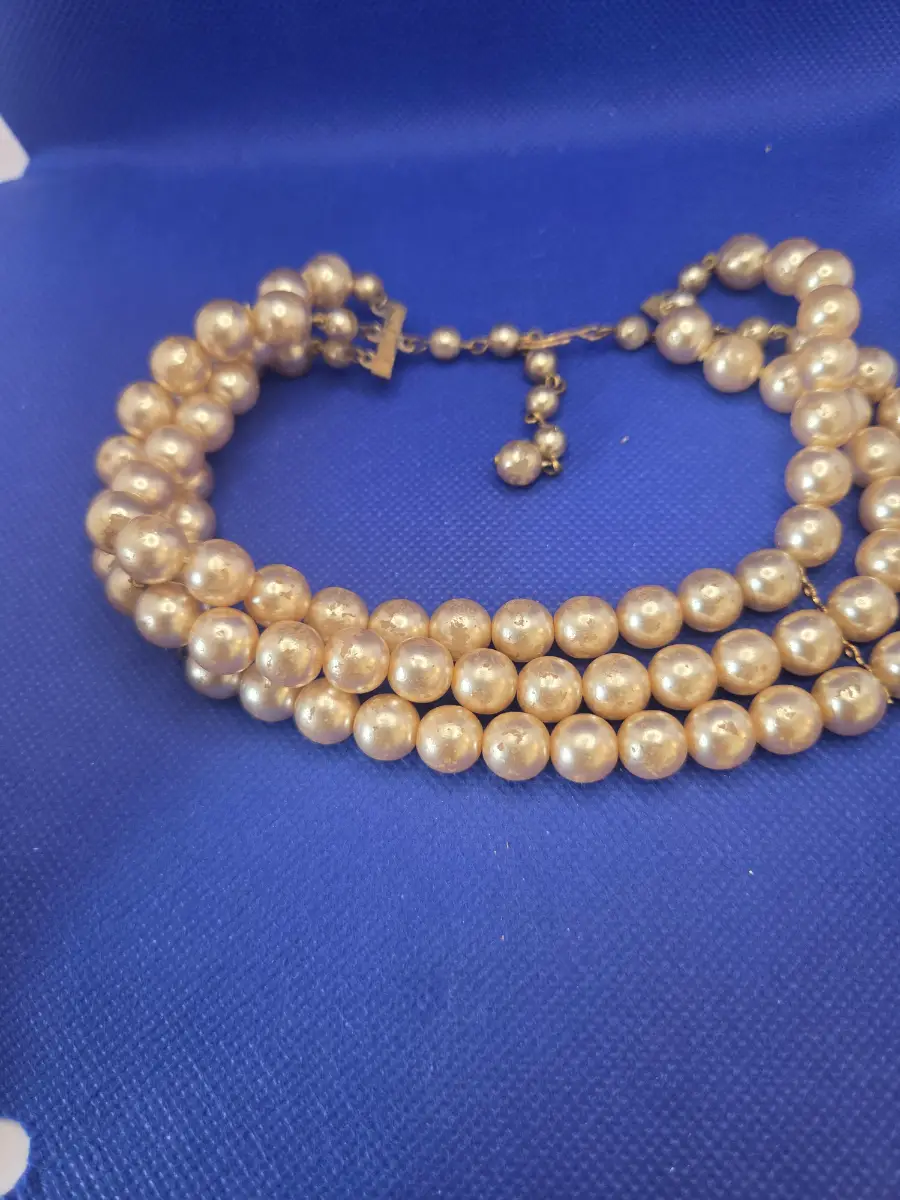 Vintage Triple Strand Faux Pearl Choker Necklace - Gold Tone Clasp